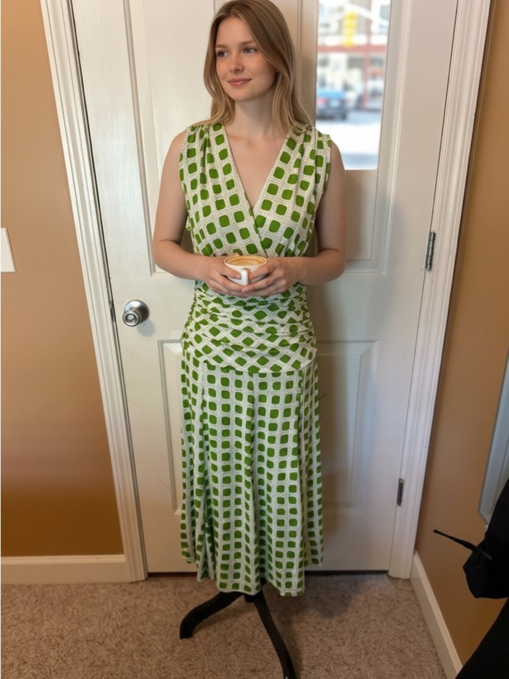 Green Geometric Midi Dress - Sleeveless V-Neck - Picture 4 of 12